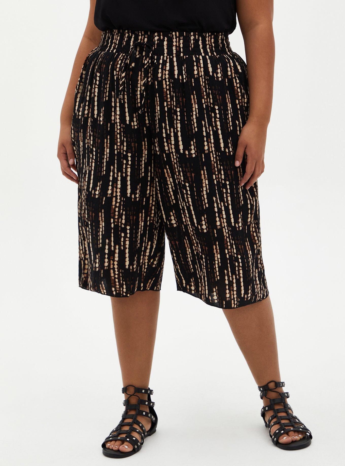 Smocked Gaucho Crop Pant - Gauze Print Black , , hi-res