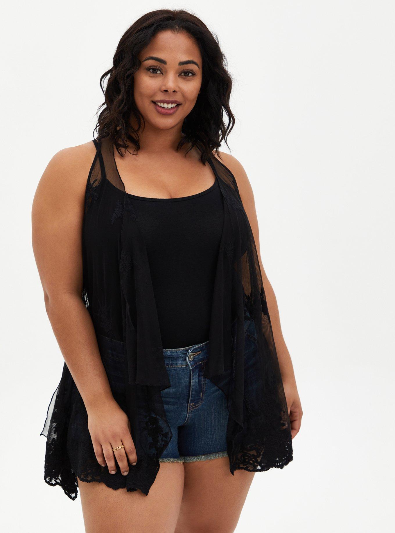 Plus Size - Black Embroidered Mesh Vest - Torrid
