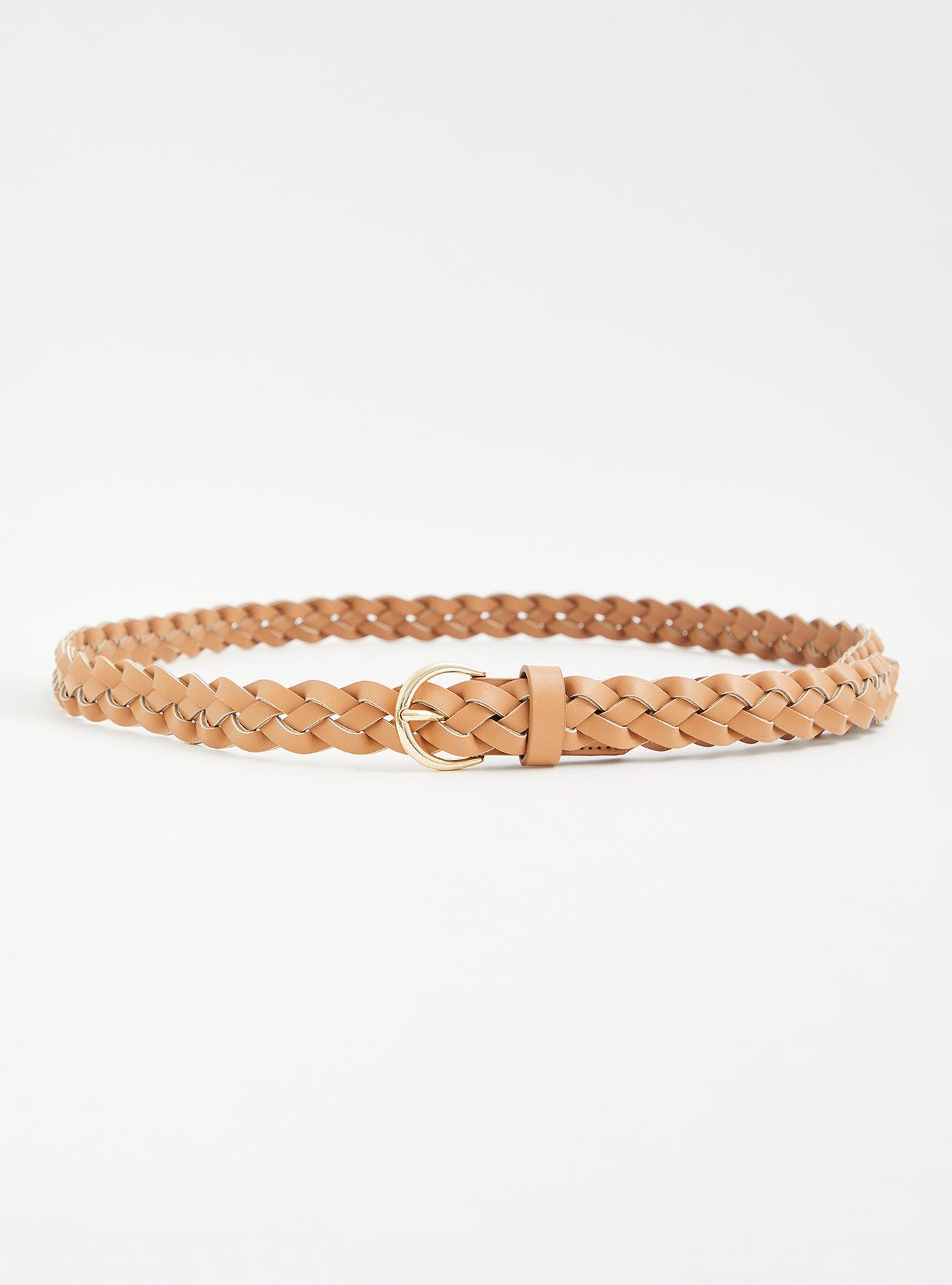 Cognac Faux Leather Woven Belt , , alternate