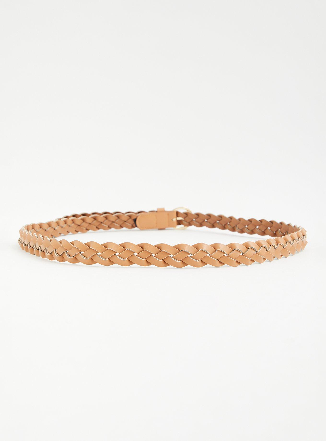 Cognac Faux Leather Woven Belt , , alternate