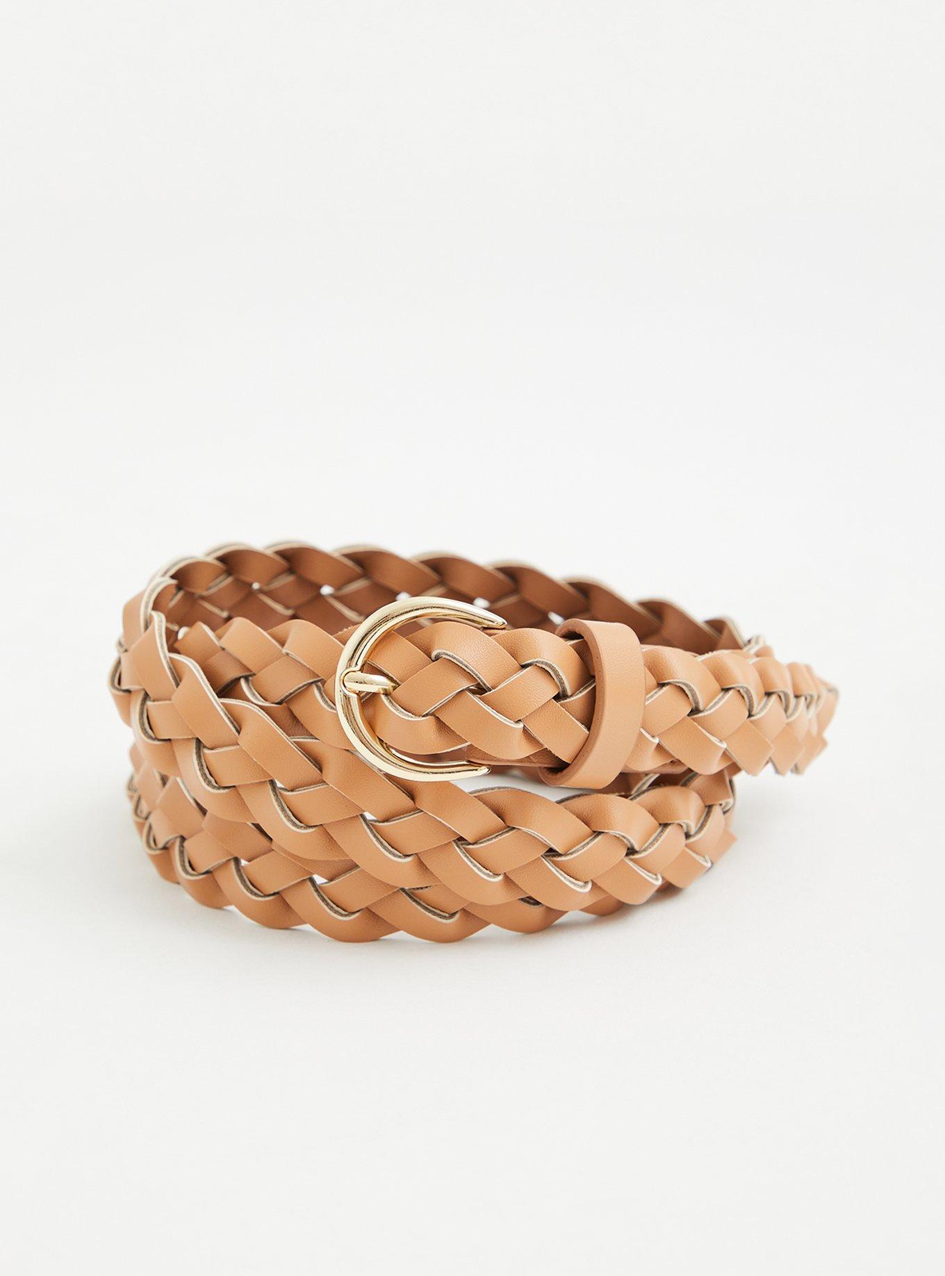 Cognac Faux Leather Woven Belt , , hi-res