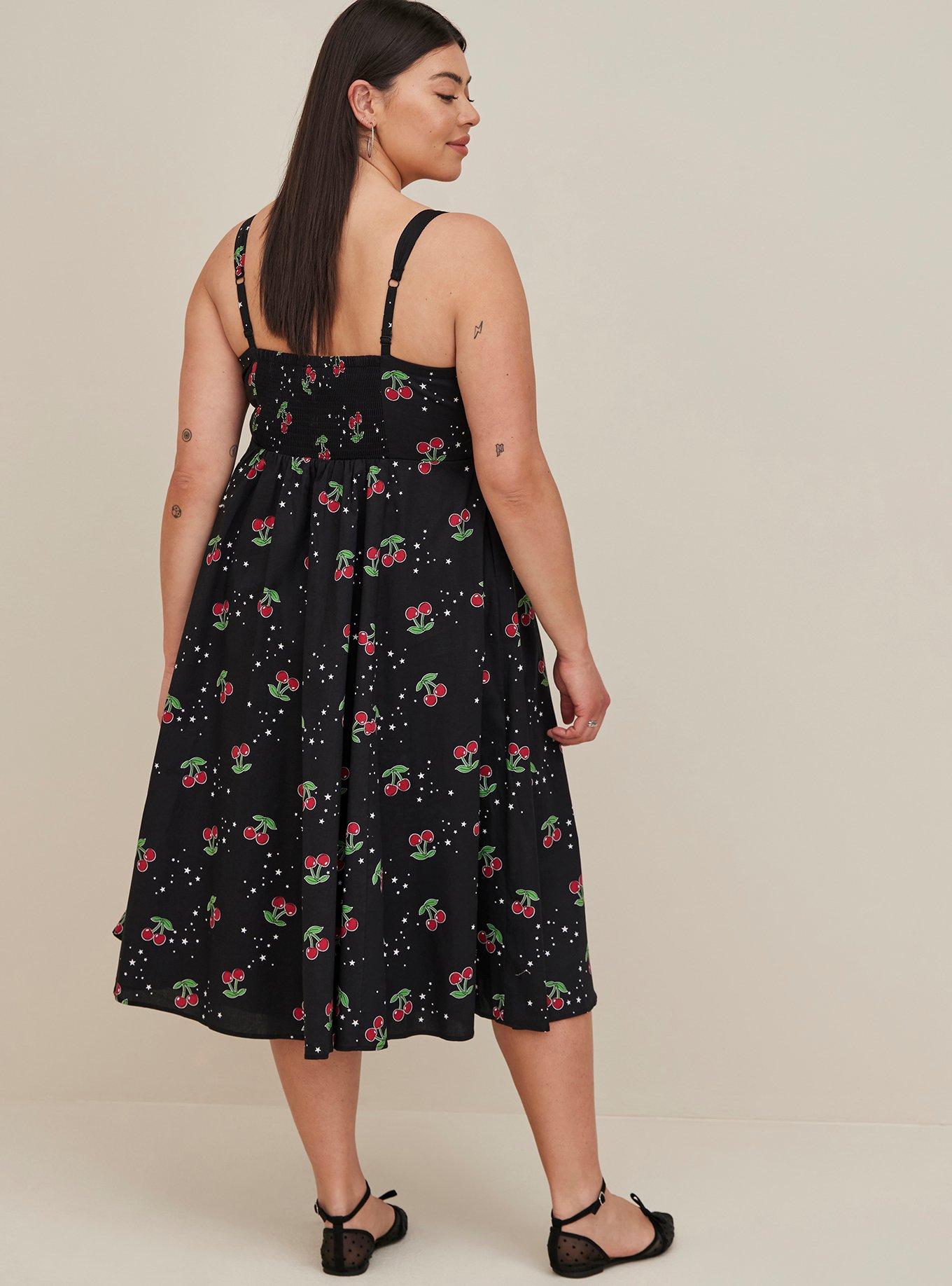 Midi Poplin Fit & Flare Dress, CHERRIES BLACK, alternate