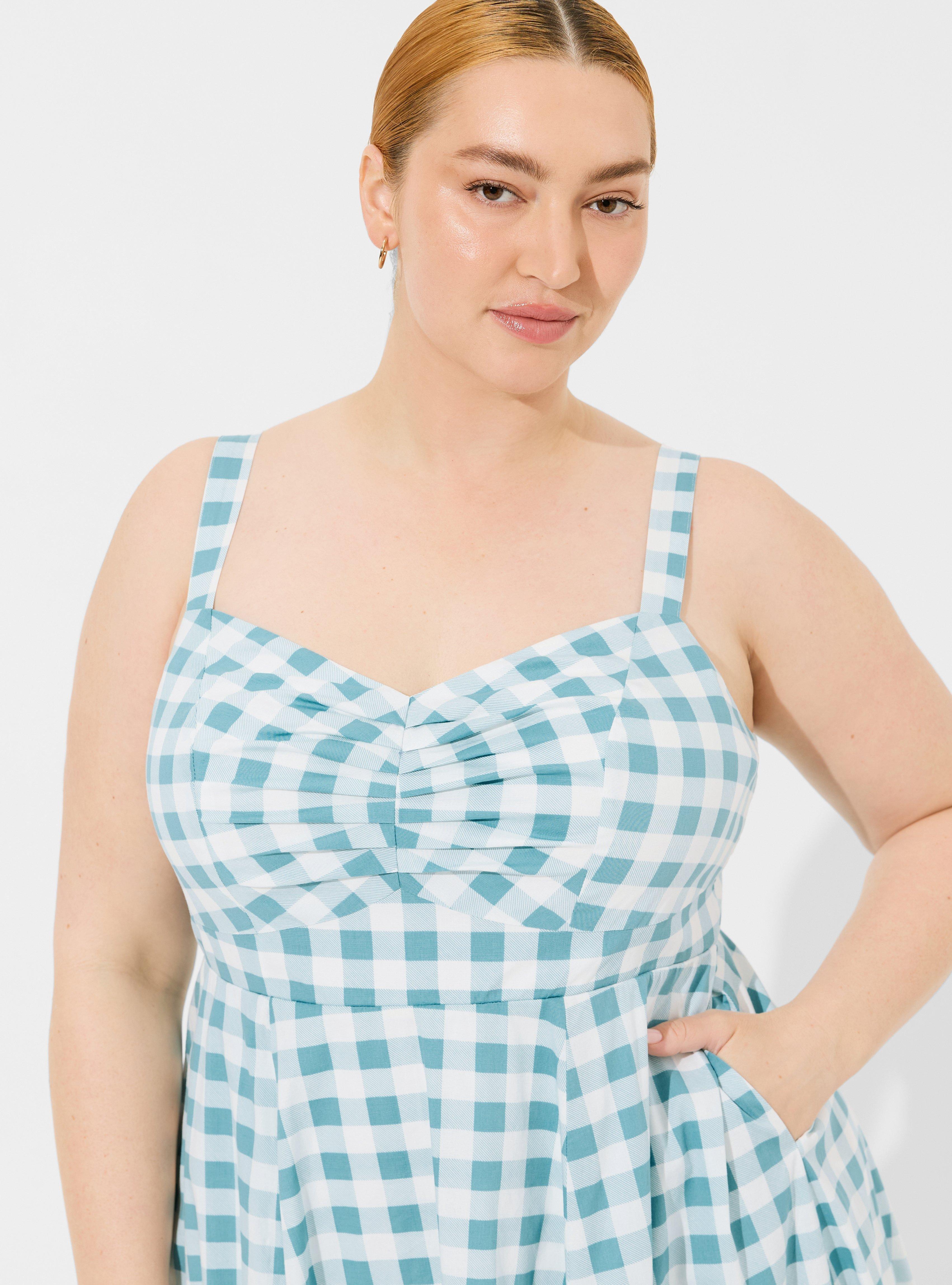 Midi Poplin Fit & Flare Dress, RETRO GINGHAM BLUE, swatch