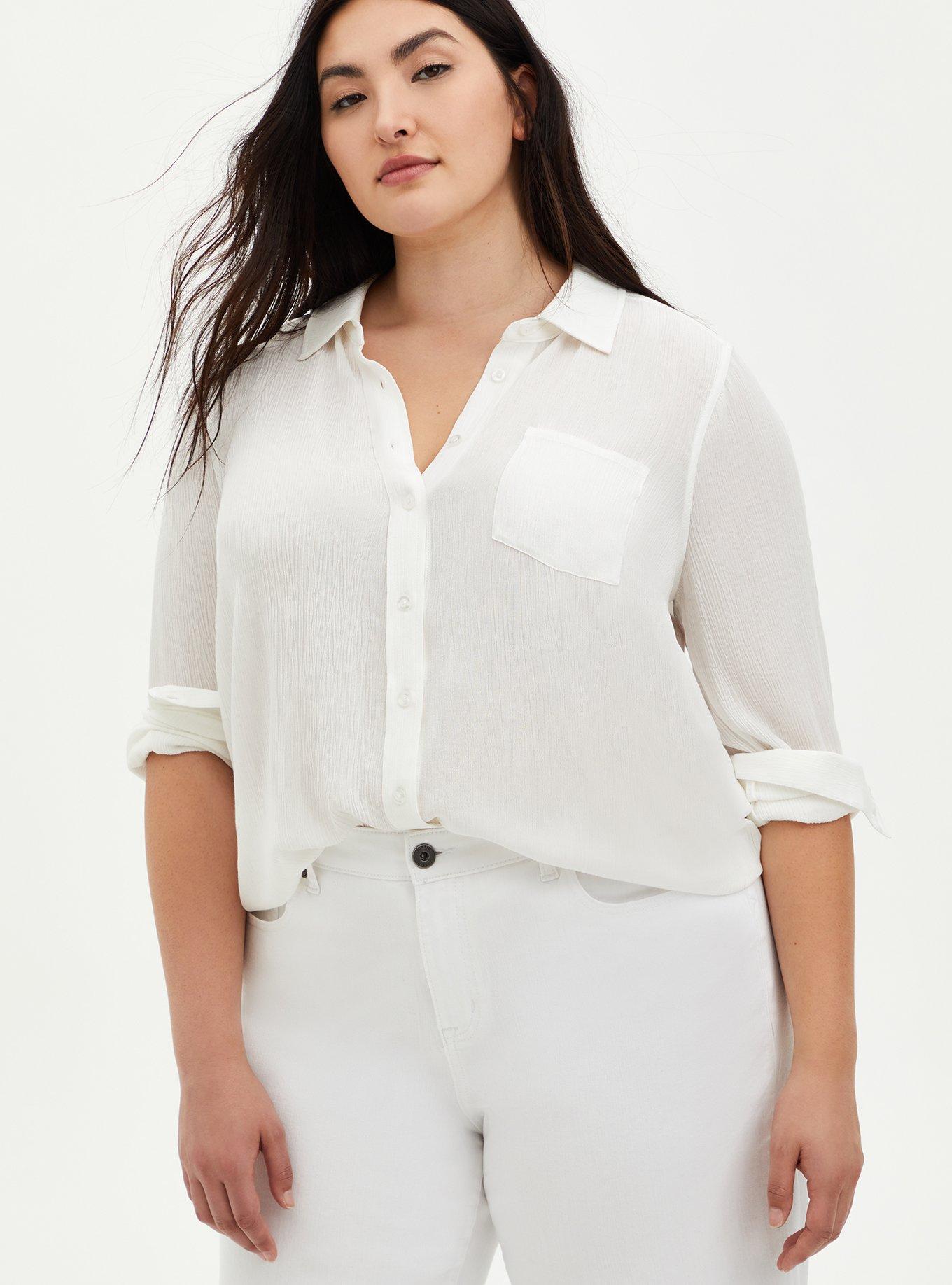 Crinkled-Cotton Big Shirt, Button-Front, Roll-Tab Long-Sleeve