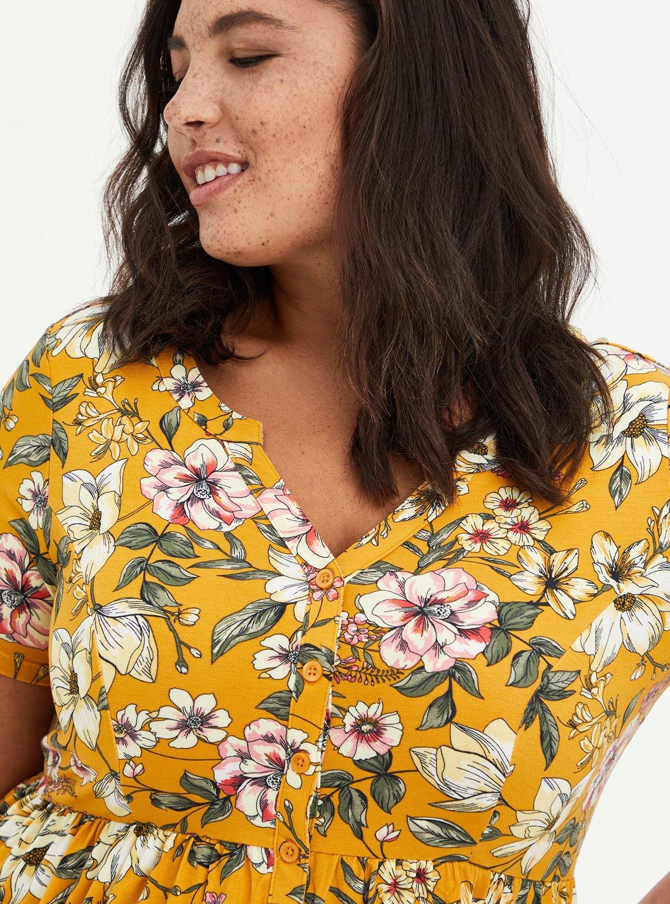 Good Torrid mustard floral high low babydoll 2X blouse