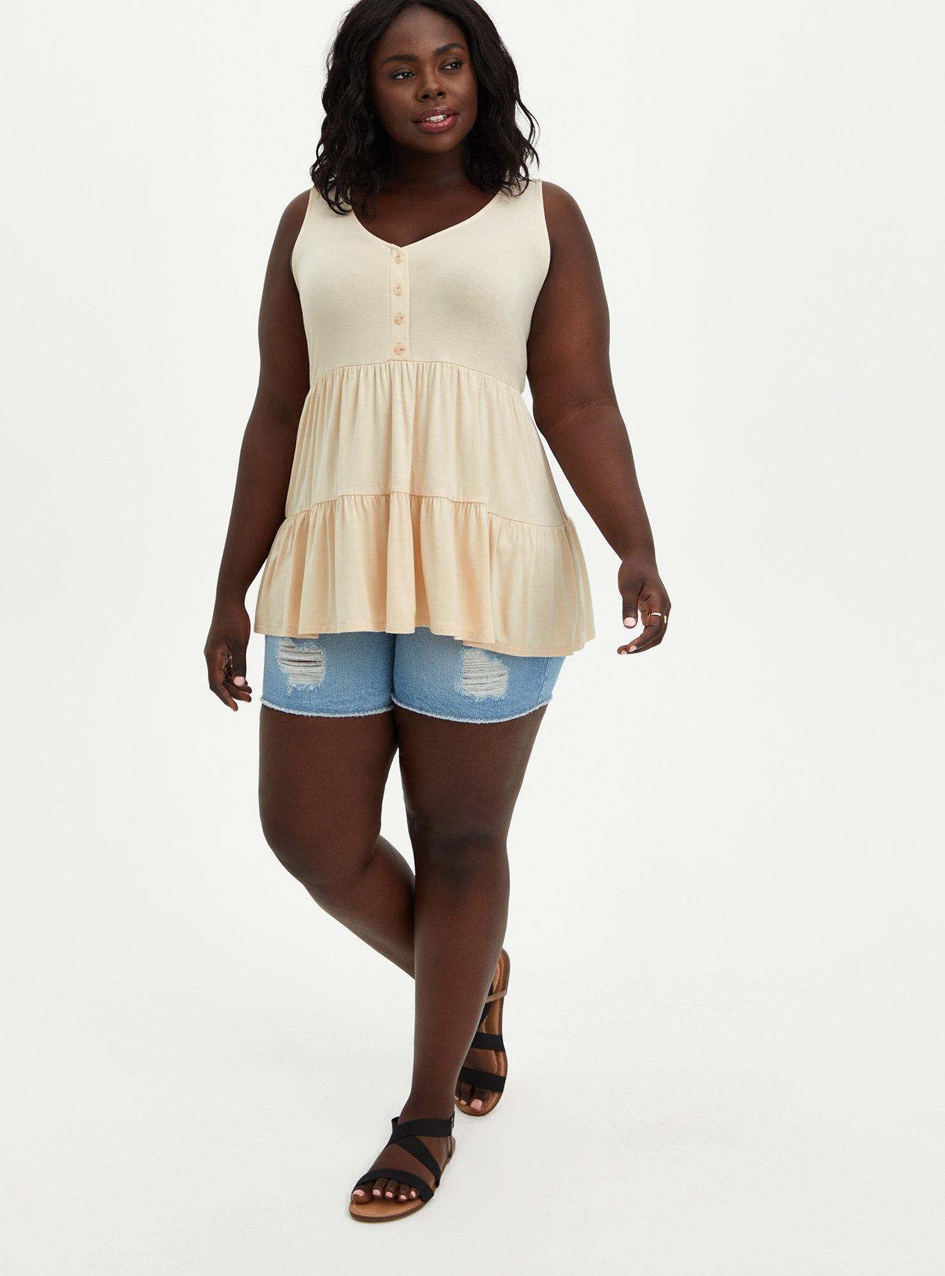 Plus Size Super Soft V-Neck Henley Tiered Babydoll Tank, SAND, alternate