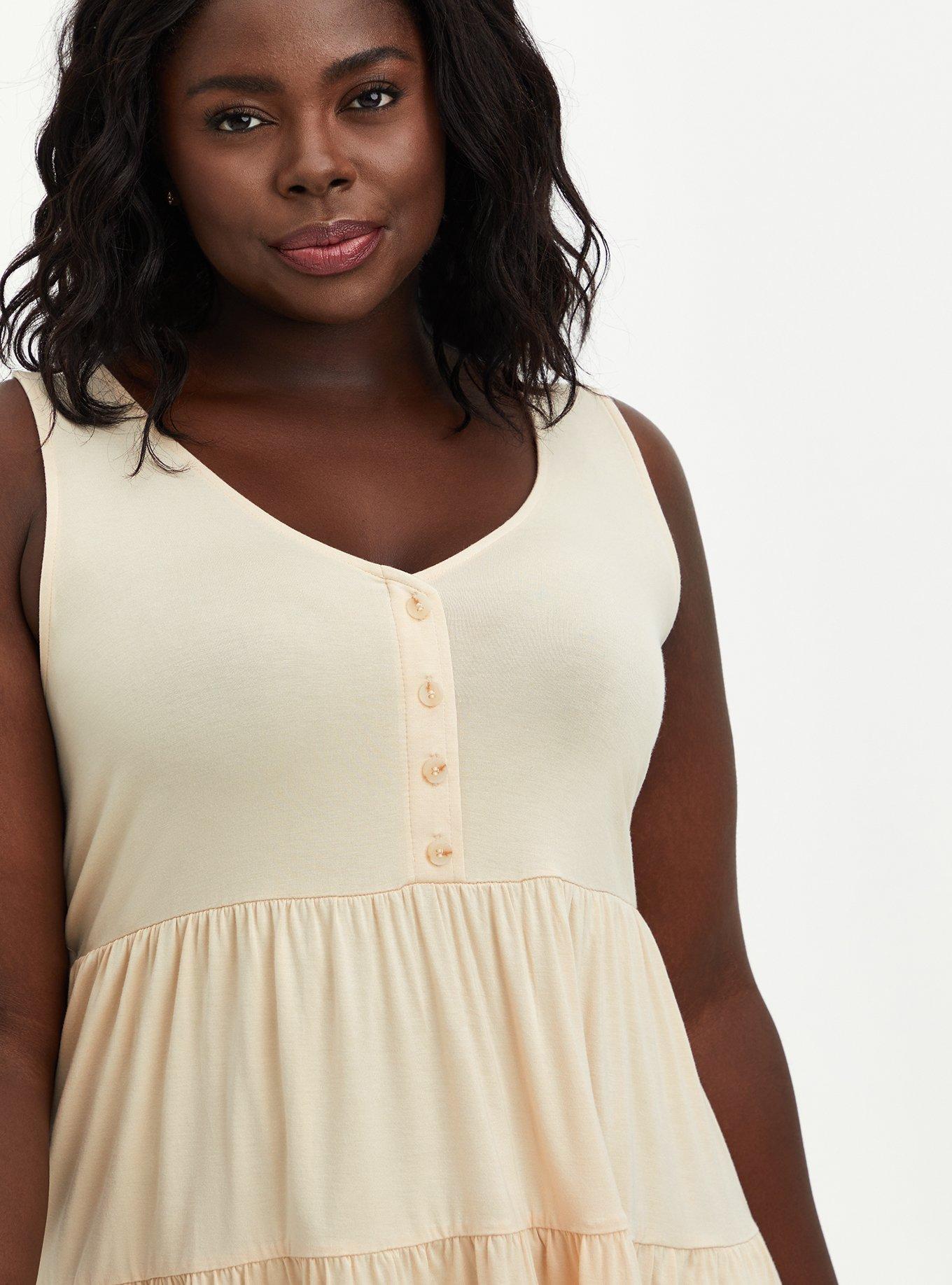 Plus Size Super Soft V-Neck Henley Tiered Babydoll Tank, SAND, alternate