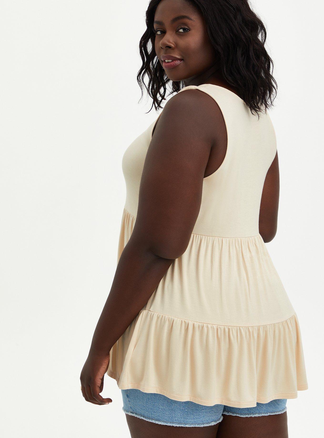Plus Size Super Soft V-Neck Henley Tiered Babydoll Tank, SAND, alternate