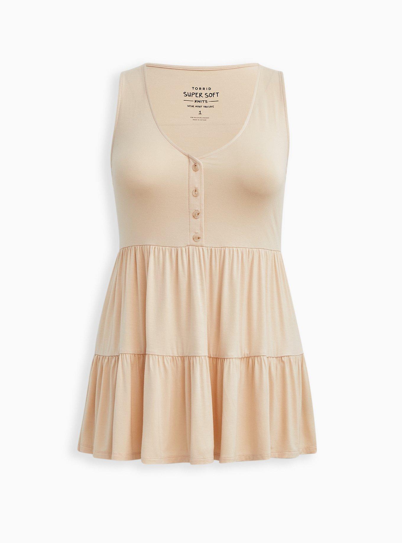 Plus Size Super Soft V-Neck Henley Tiered Babydoll Tank, SAND, hi-res