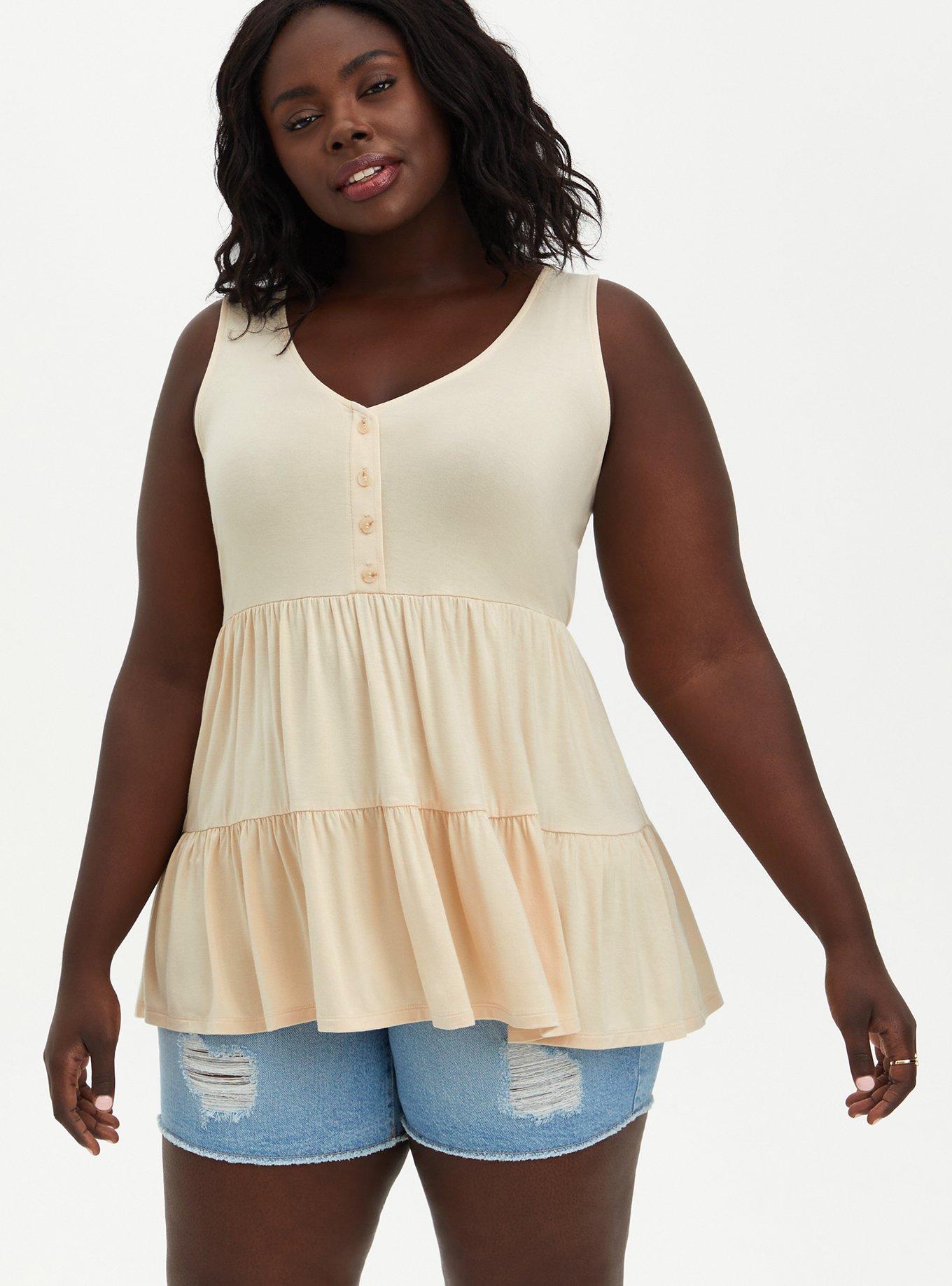 Plus Size Super Soft V-Neck Henley Tiered Babydoll Tank, SAND, hi-res