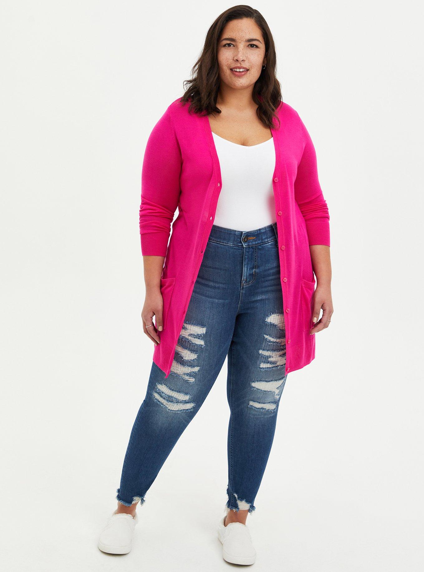 Boyfriend Cardigan Button-Front Sweater, NEON PINK, alternate