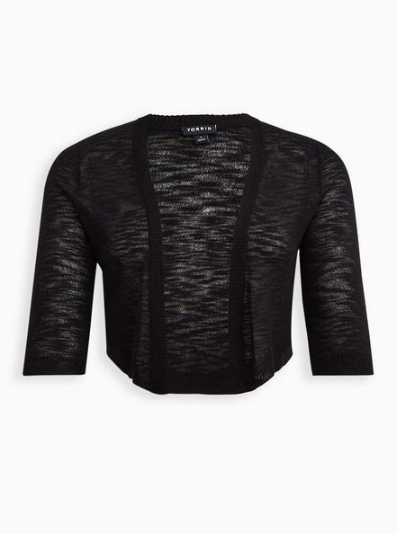 Plus Size Slub Shrug 3/4 Sleeve Cropped Sweater, BLACK, hi-res