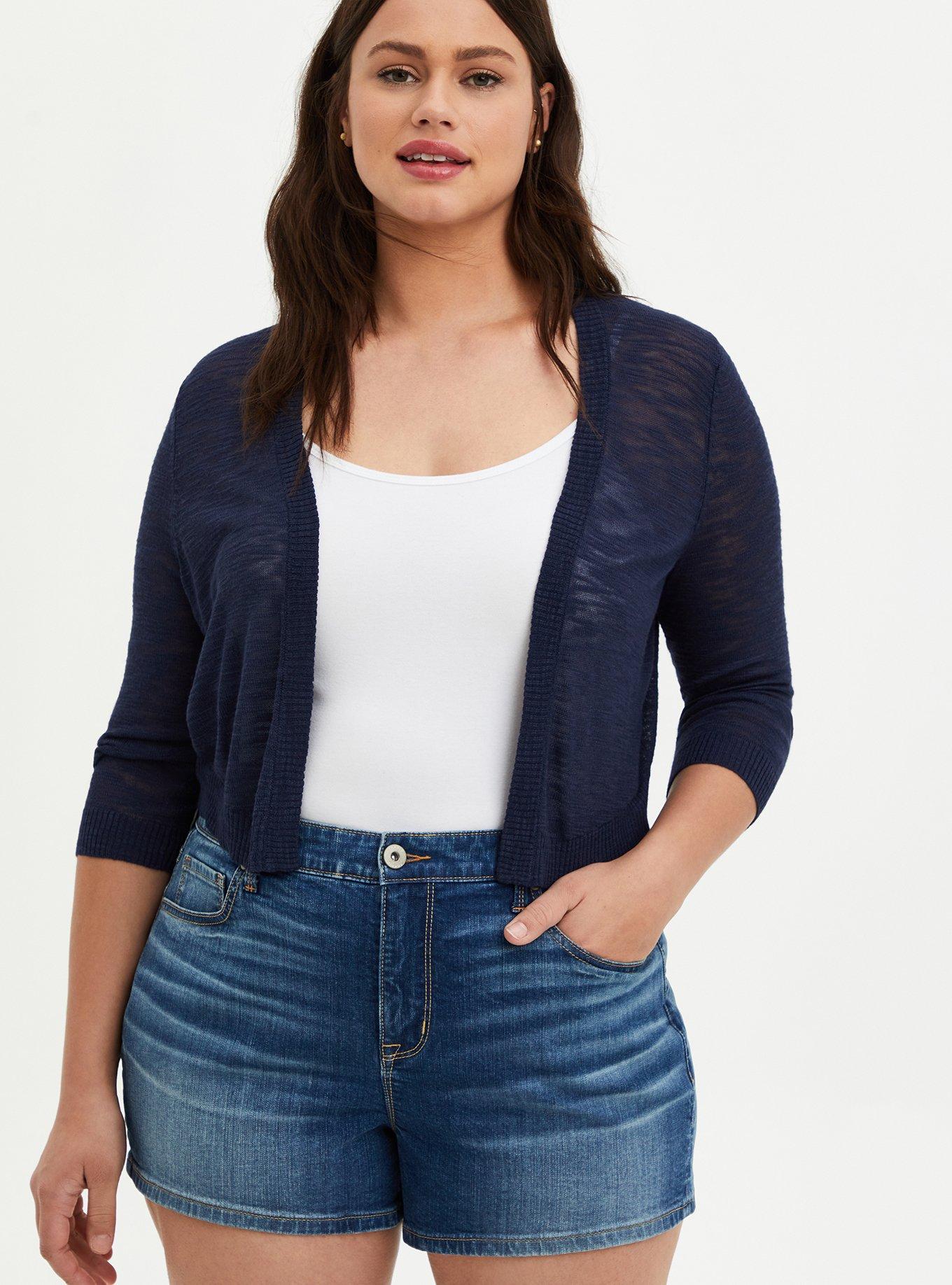 Navy shrug plus outlet size