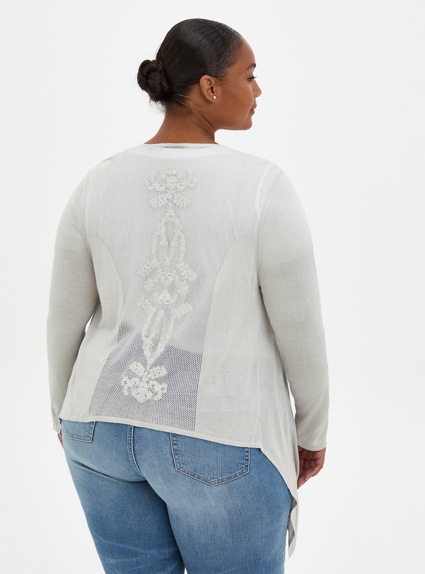 Plus Size Pointelle Cardigan Drape Front Sweater, LIGHT HAETHER GREY, alternate