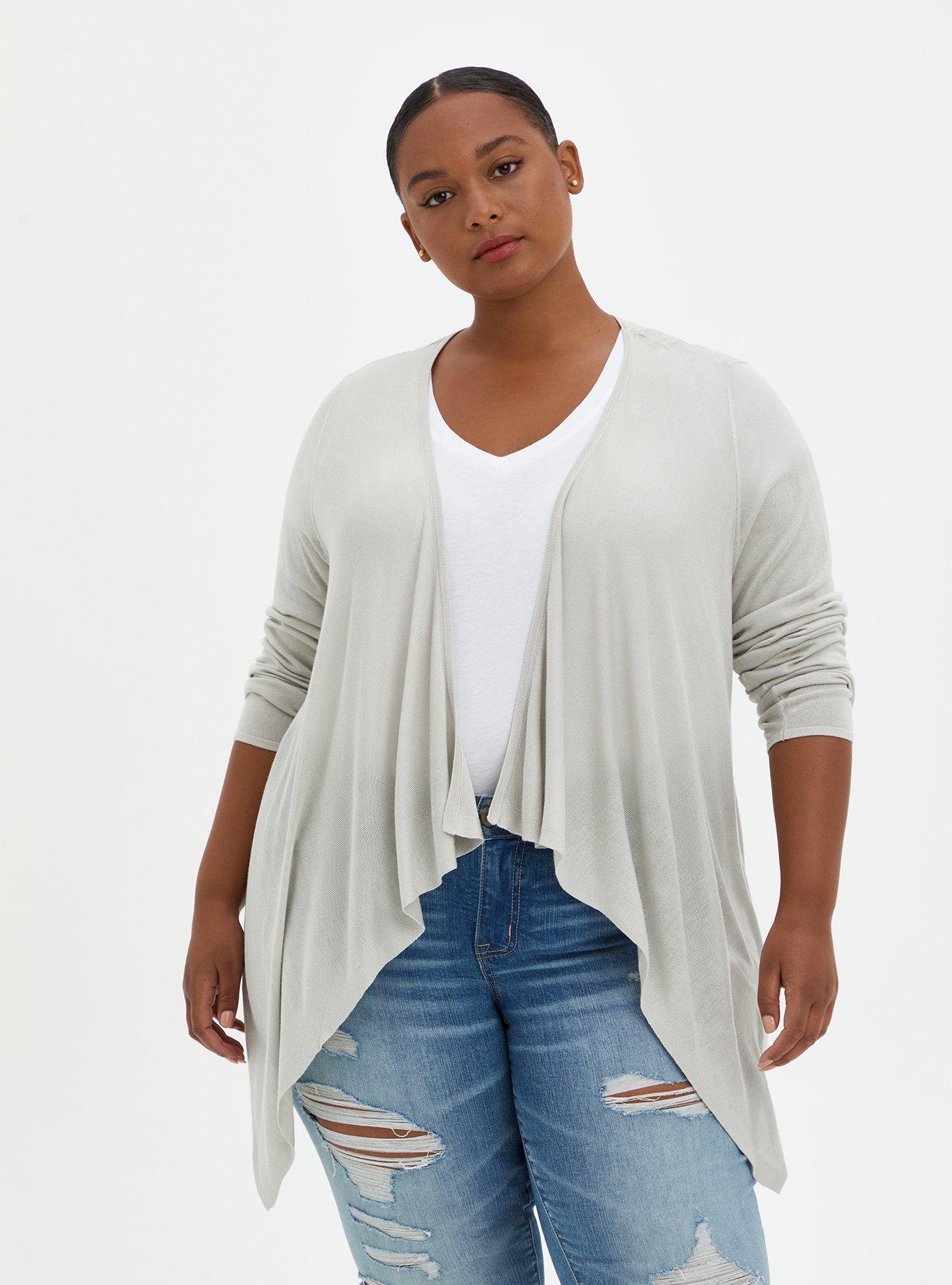 Plus Size Pointelle Cardigan Drape Front Sweater, LIGHT HAETHER GREY, alternate
