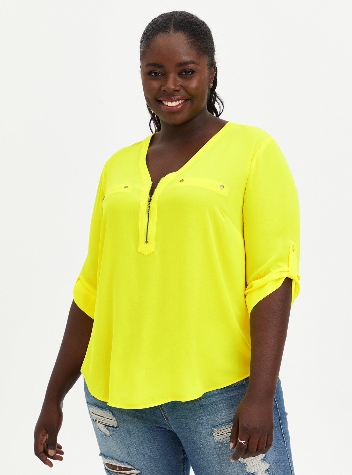 Harper Georgette Zip-Front 3/4 Sleeve Blouse, LIME, hi-res