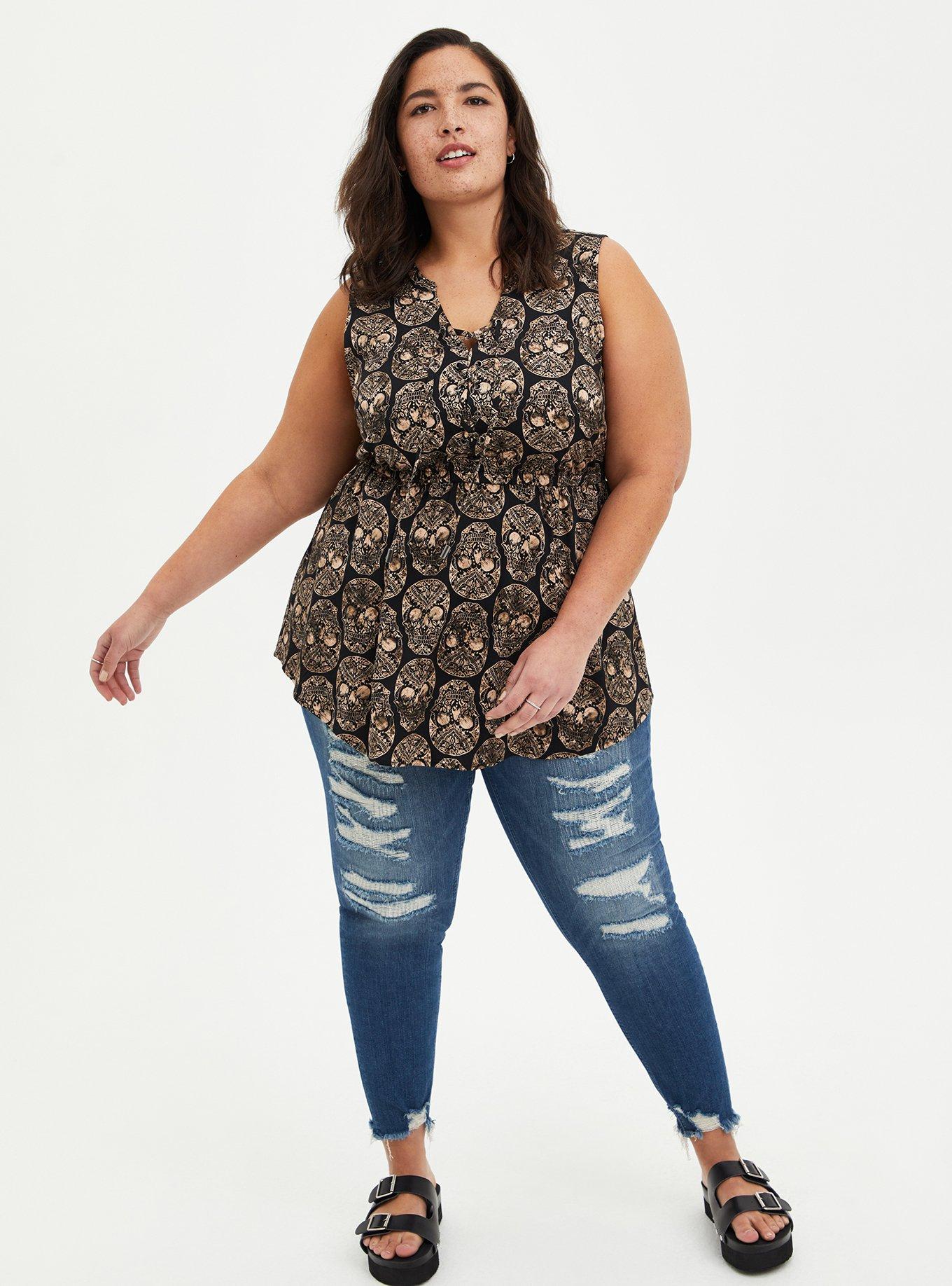 Plus Size Babydoll Stretch Challis Lace-Up Tunic Top, MULTI, alternate