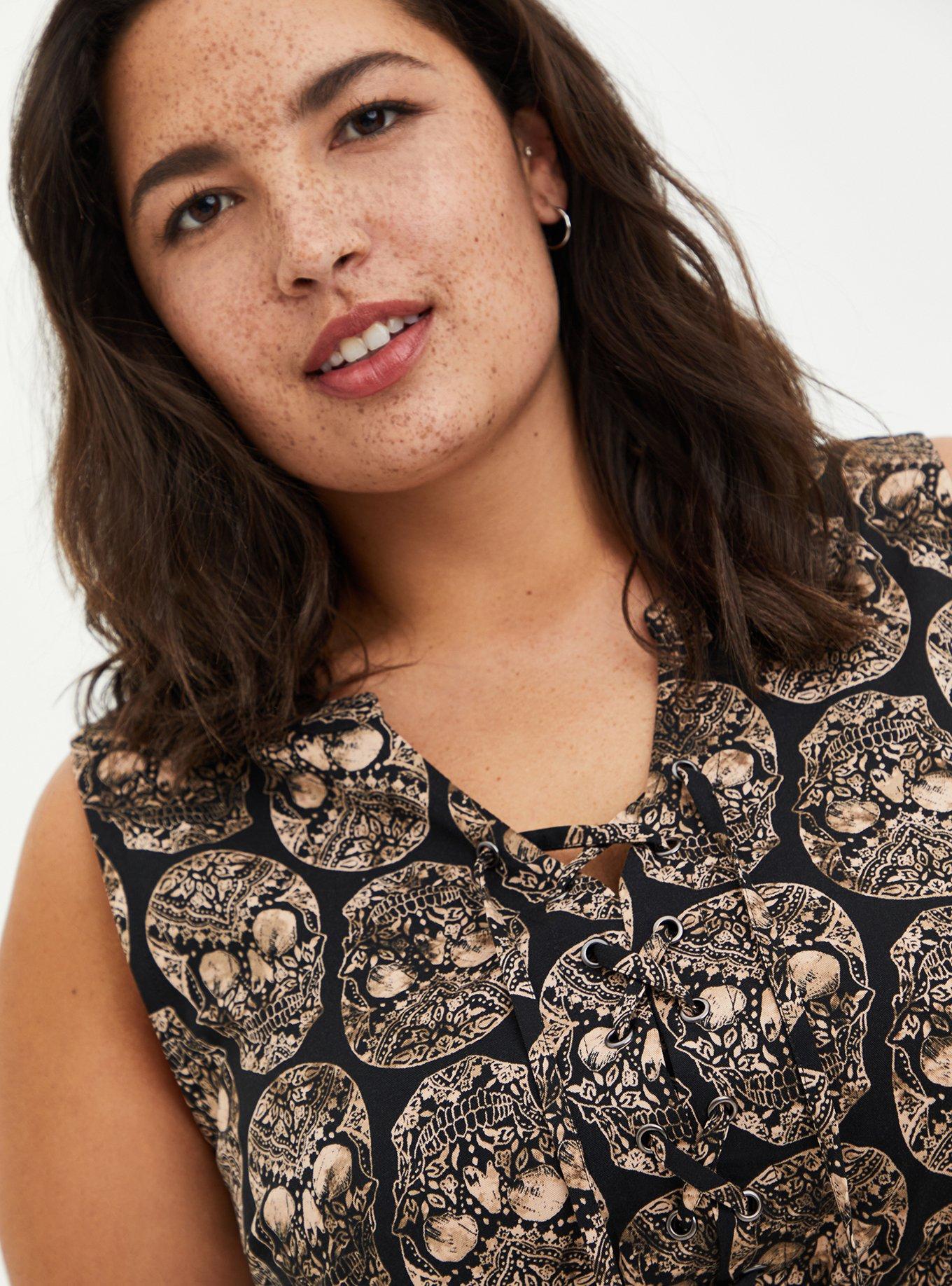 Plus Size Babydoll Stretch Challis Lace-Up Tunic Top, MULTI, alternate