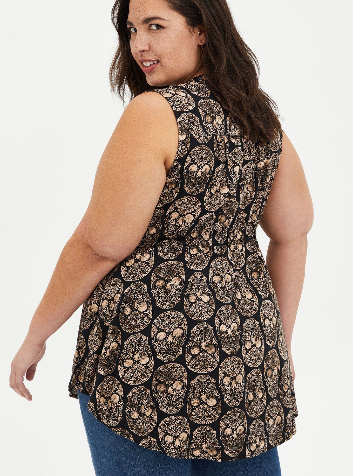 Plus Size Babydoll Stretch Challis Lace-Up Tunic Top, MULTI, alternate