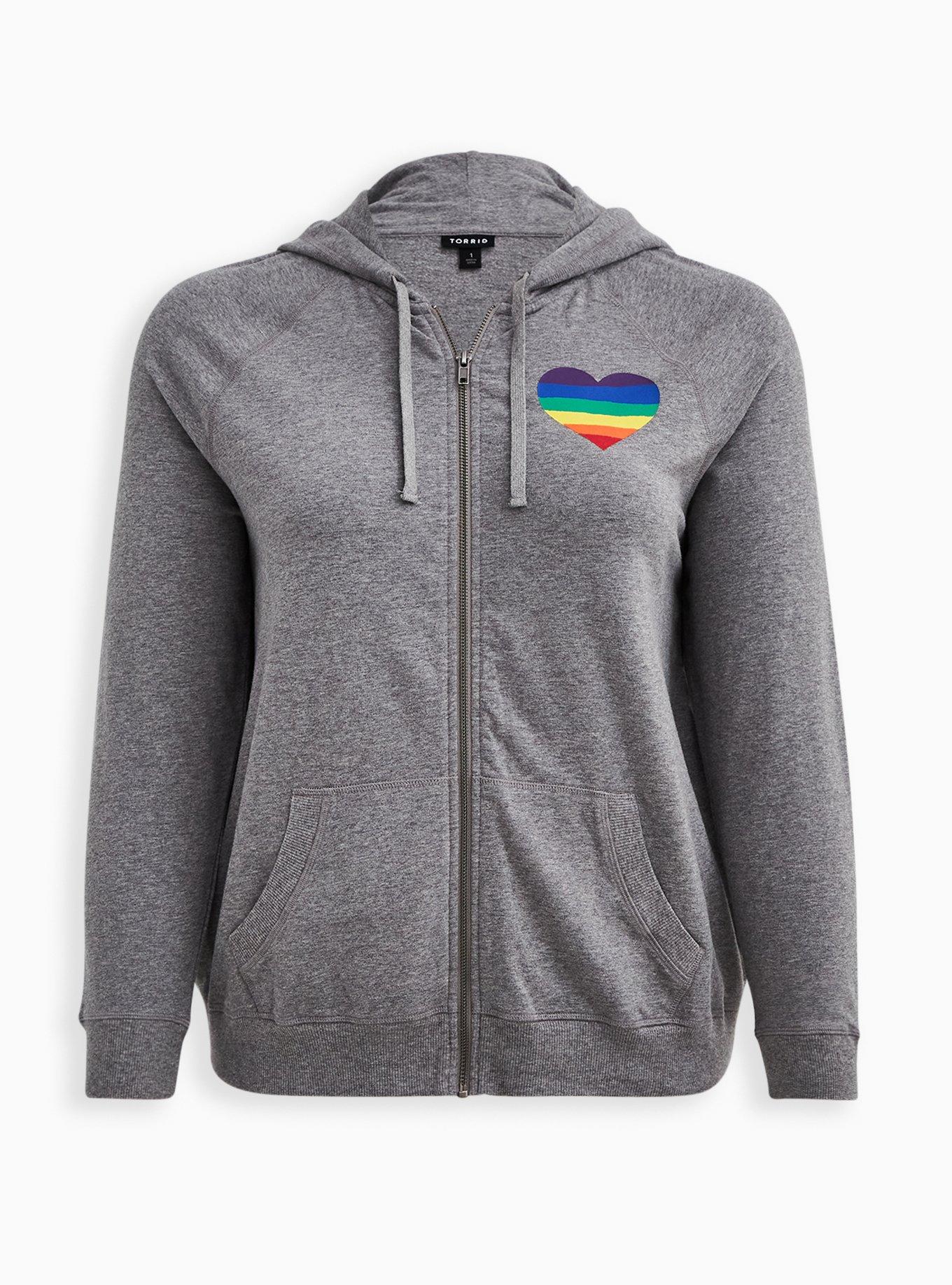 Plus Size Celebrate Love Zip Up Hoodie Rainbow Heart Grey Torrid