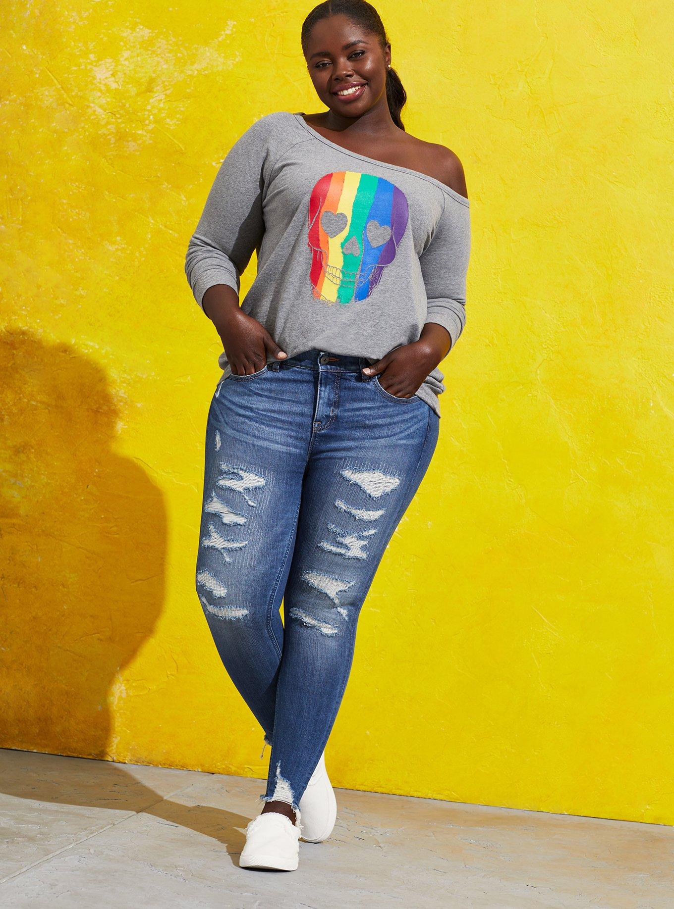 Plus Size Celebrate Love Off Shoulder Sweatshirt Rainbow Skull Grey Torrid