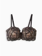 Strapless Push-Up Floral Lace Straight Back Bra, RICH BLACK, hi-res