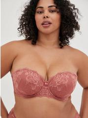 Plus Size Strapless Push-Up Floral Lace Straight Back Bra, WITHERED ROSE PINK, alternate