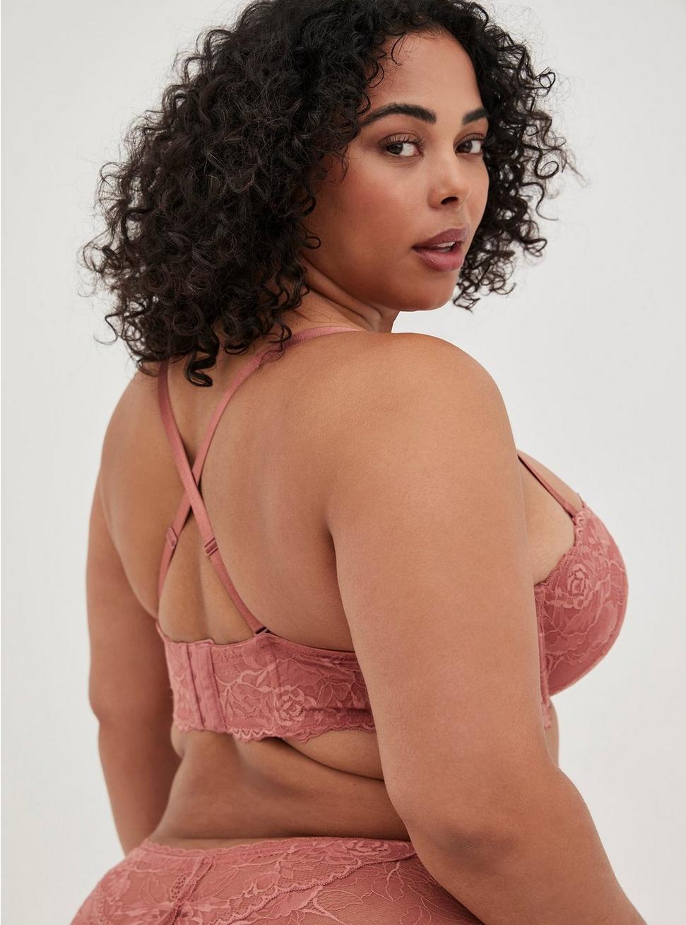 Plus Size Strapless Push-Up Floral Lace Straight Back Bra, WITHERED ROSE PINK, alternate