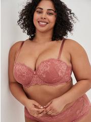 Plus Size Strapless Push-Up Floral Lace Straight Back Bra, WITHERED ROSE PINK, hi-res