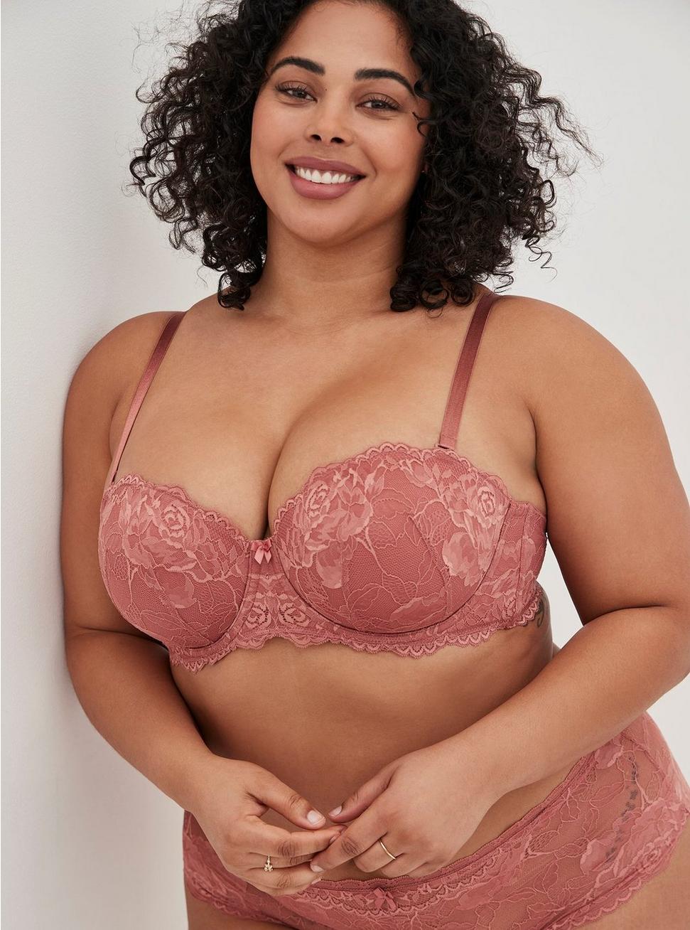 Plus Size Strapless Push-Up Floral Lace Straight Back Bra, WITHERED ROSE PINK, hi-res