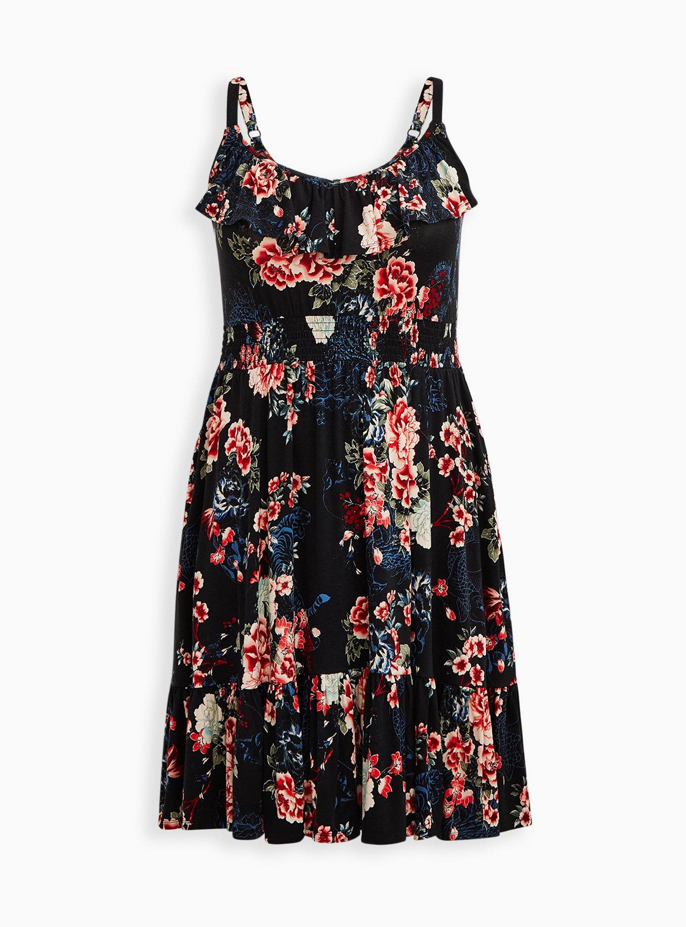 Plus Size - Black Floral Super Soft Smocked Waist Skater Dress - Torrid