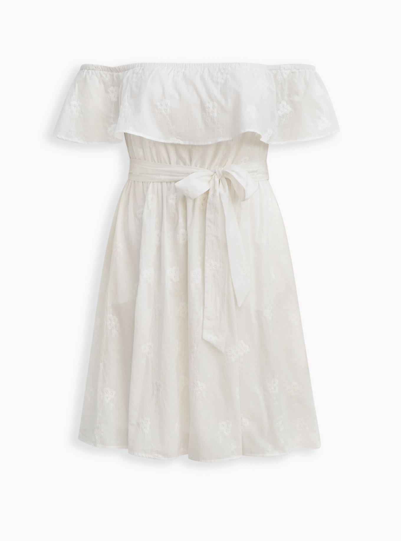 Off-The-Shoulder Tie-Waist Skater Dress - Challis White Embroidery, , hi-res