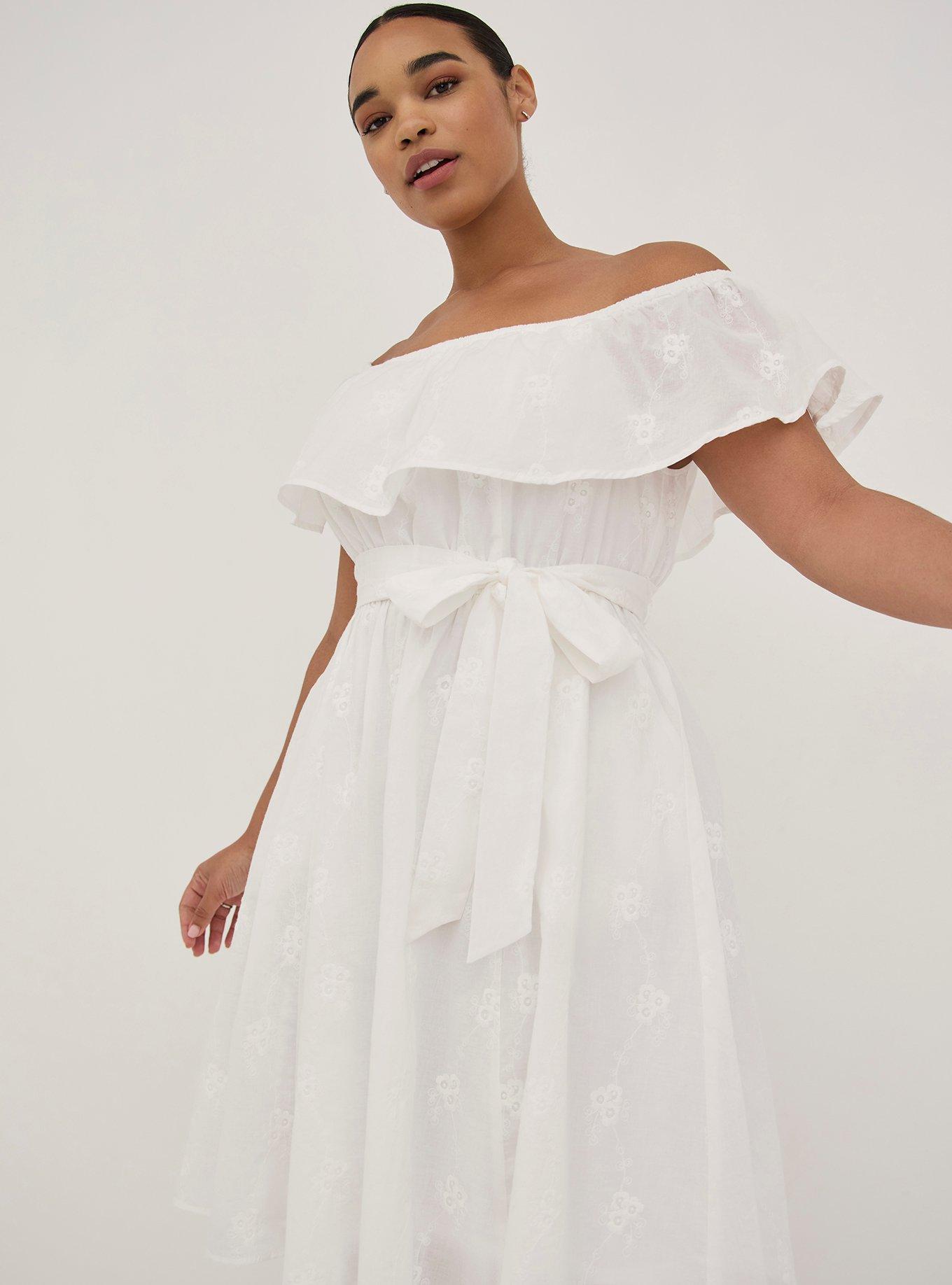 Off-The-Shoulder Tie-Waist Skater Dress - Challis White Embroidery, , hi-res