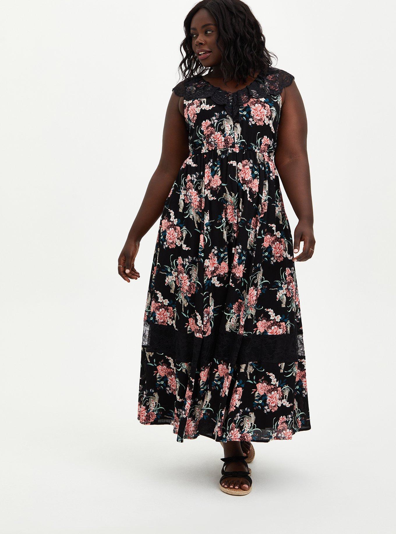 Torrid Black Floral Smocked Off the Shoulder Maxi Dress Women's