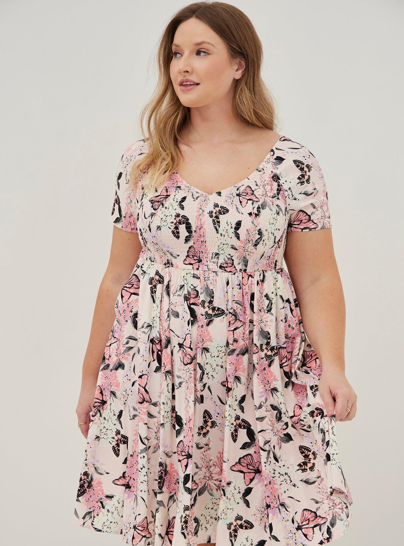 Plus Size Mini Challis Smocked Skater Dress, BUTTERFLIES IN FLOWERS, alternate