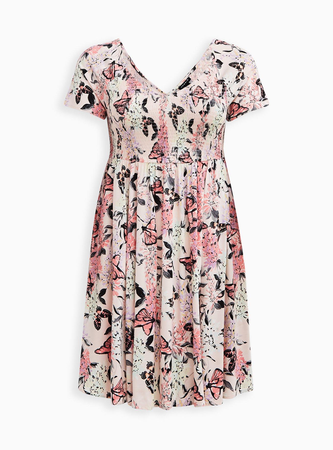Plus Size Mini Challis Smocked Skater Dress, BUTTERFLIES IN FLOWERS, hi-res