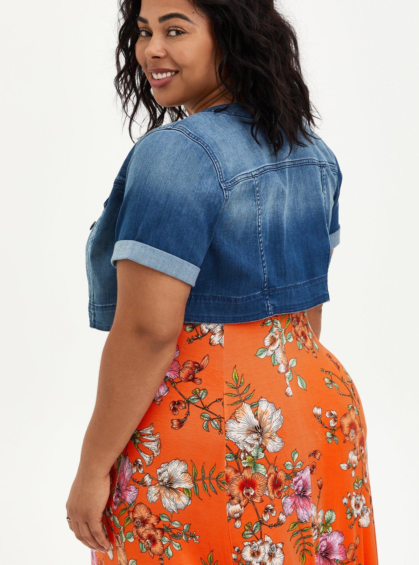 Plus Size - Ruby Red Denim Trucker Jacket - Torrid