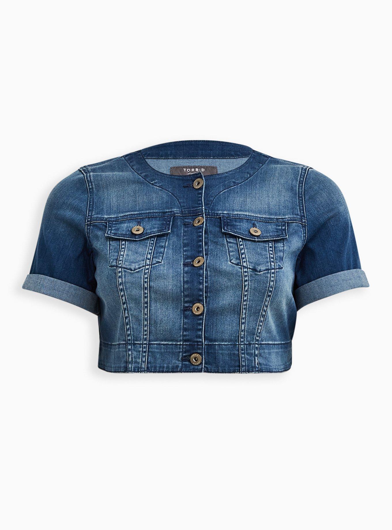 Blue Cropped Denim Jacket, , hi-res