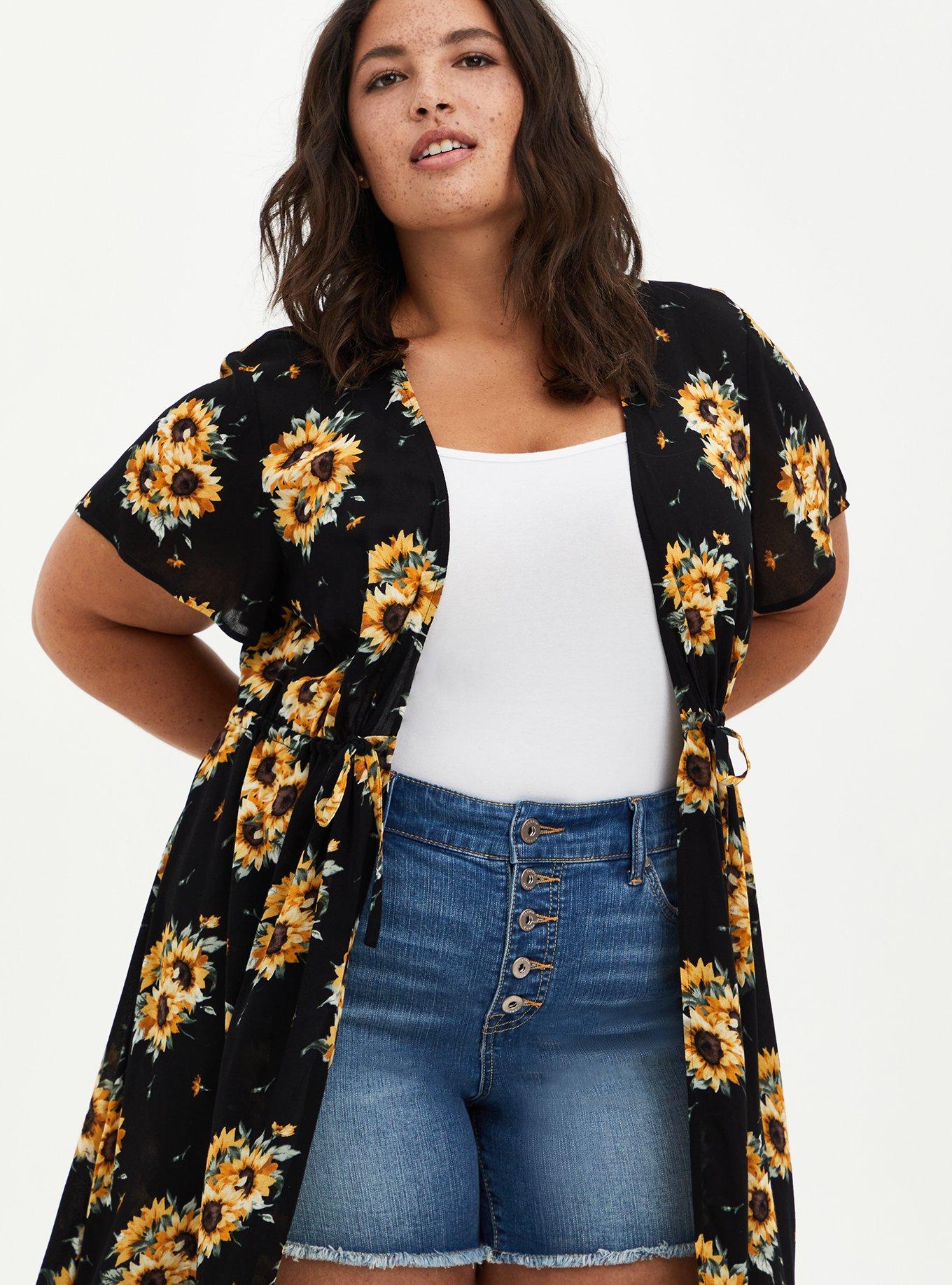 Crepe Tie-Front Kimono, FLORAL BLACK, alternate