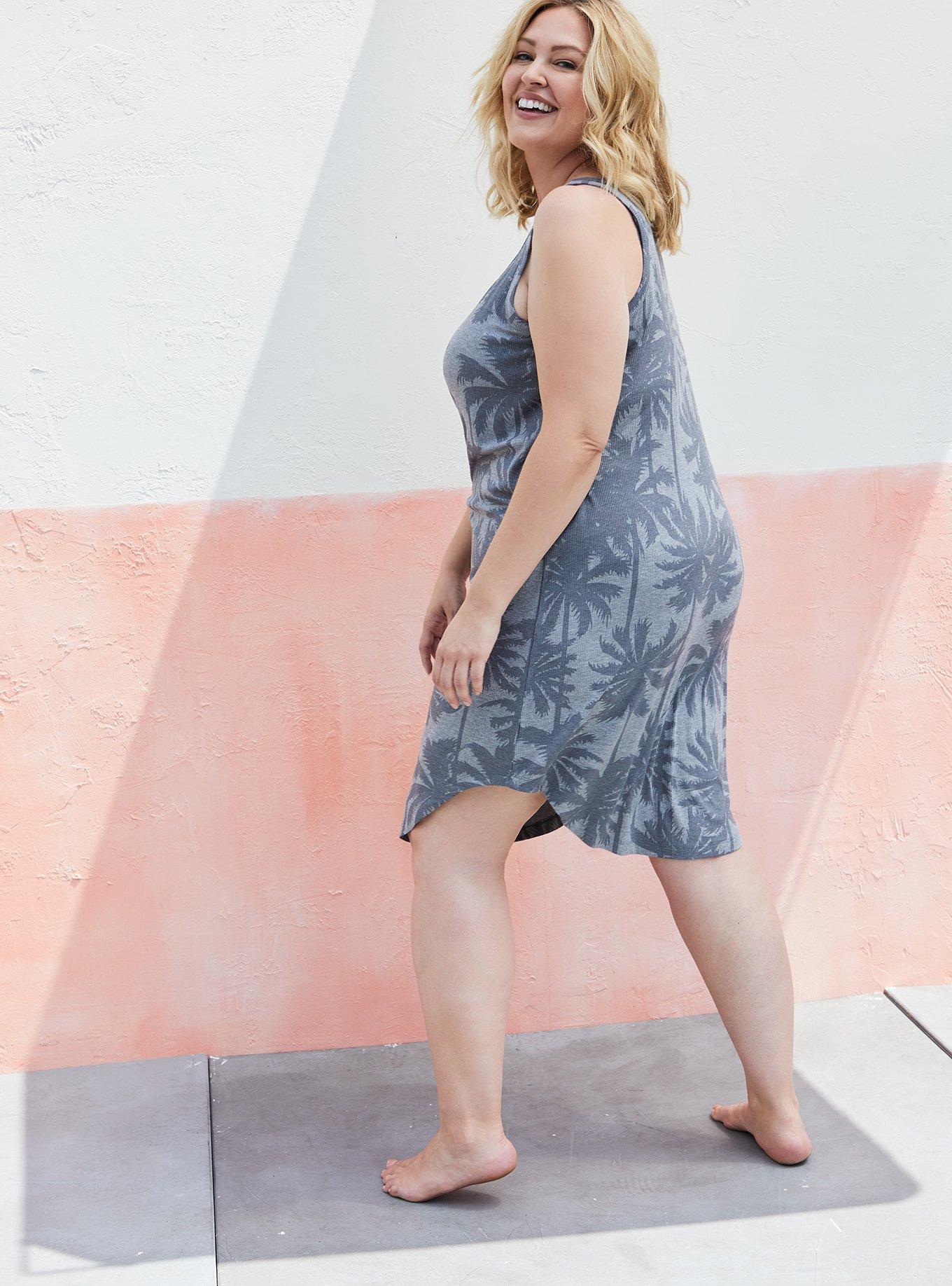 Super Soft Rib Shirttail Lounge Gown, GREY PALM, alternate