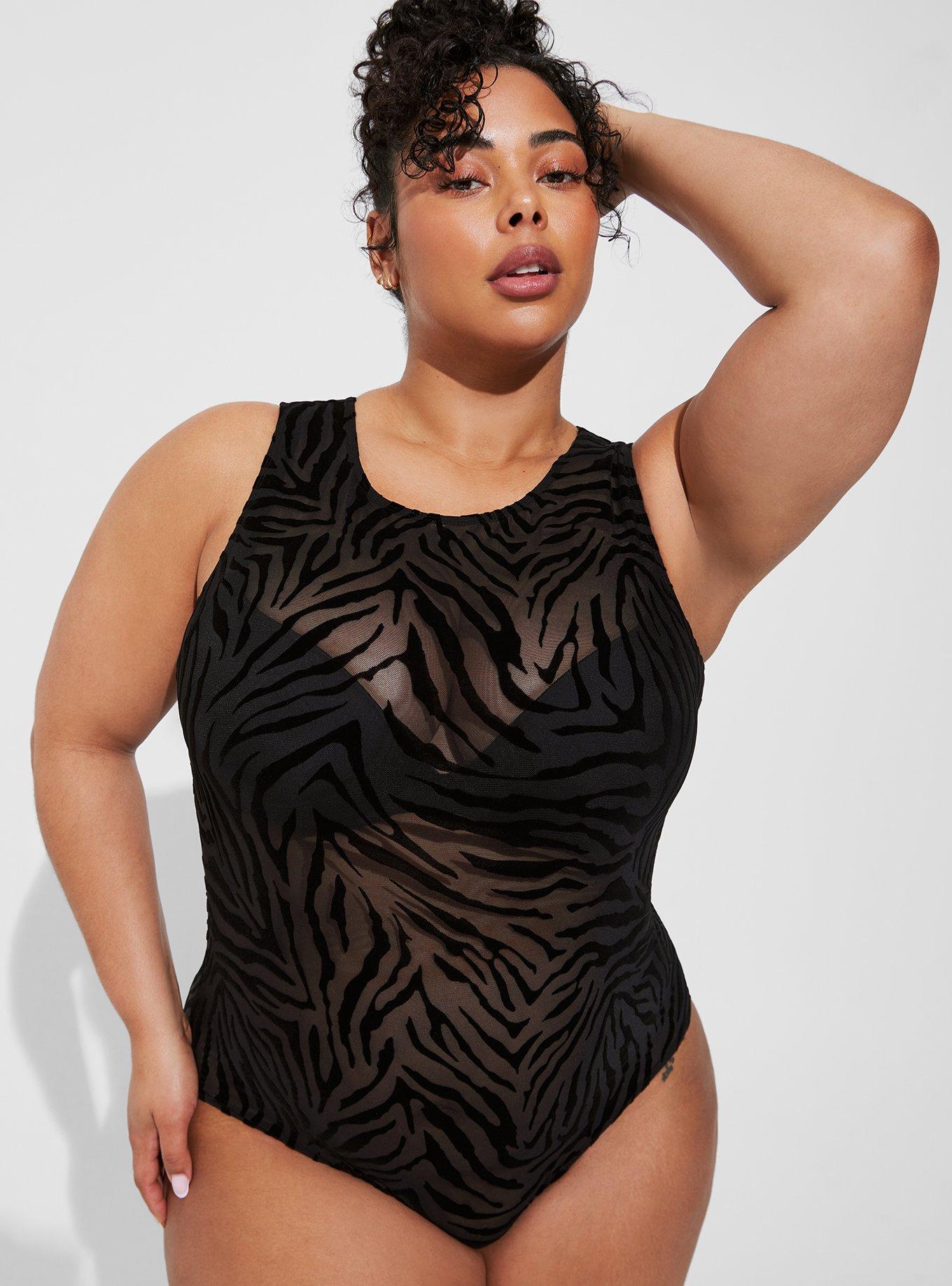 Flocked Mesh Bodysuit, FLOCKED ZEBRA BLACK, hi-res