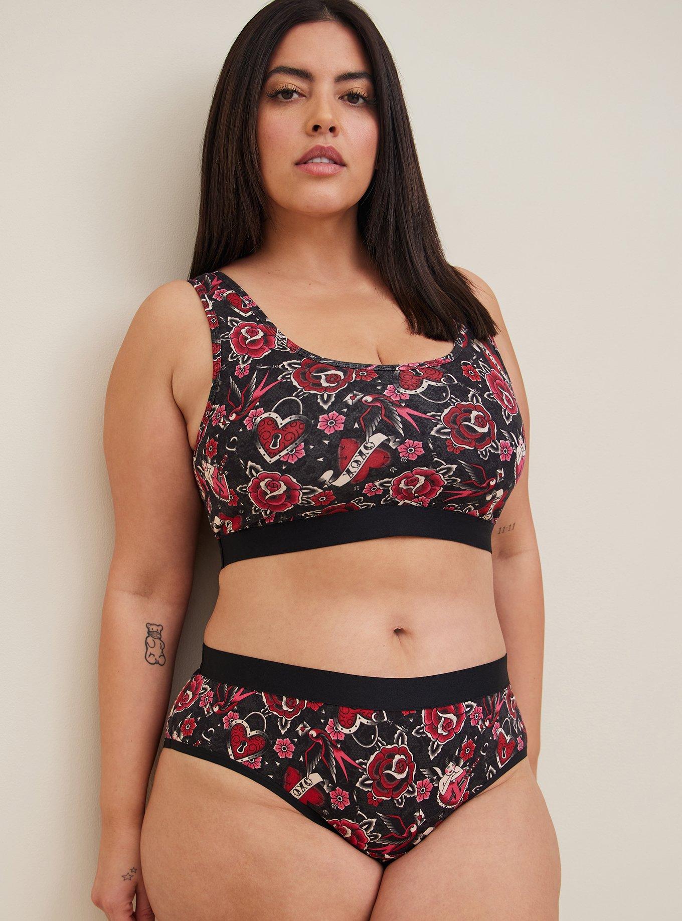 Unlined Cotton Scoop Bralette, TATTOO VALENTINE BLACK, alternate