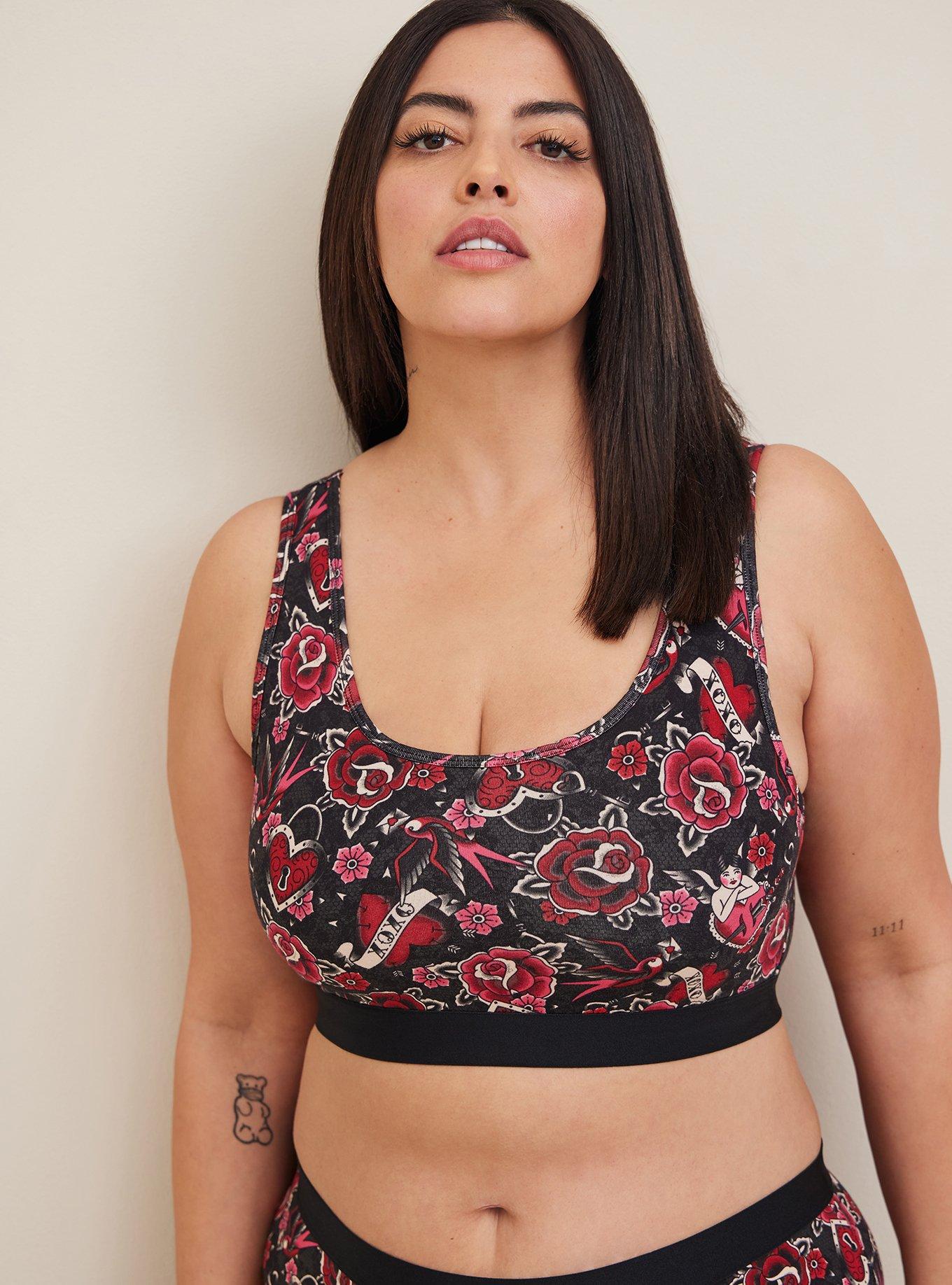 Unlined Cotton Scoop Bralette, TATTOO VALENTINE BLACK, alternate