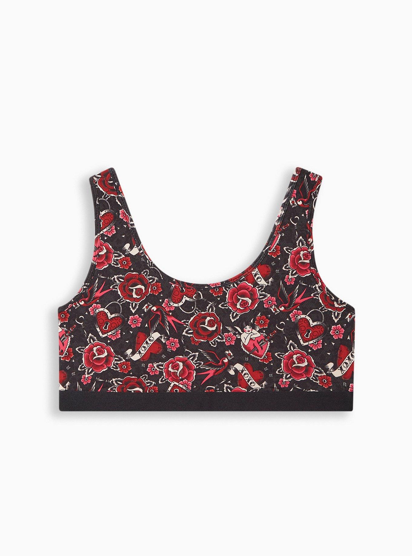 Unlined Cotton Scoop Bralette, TATTOO VALENTINE BLACK, hi-res