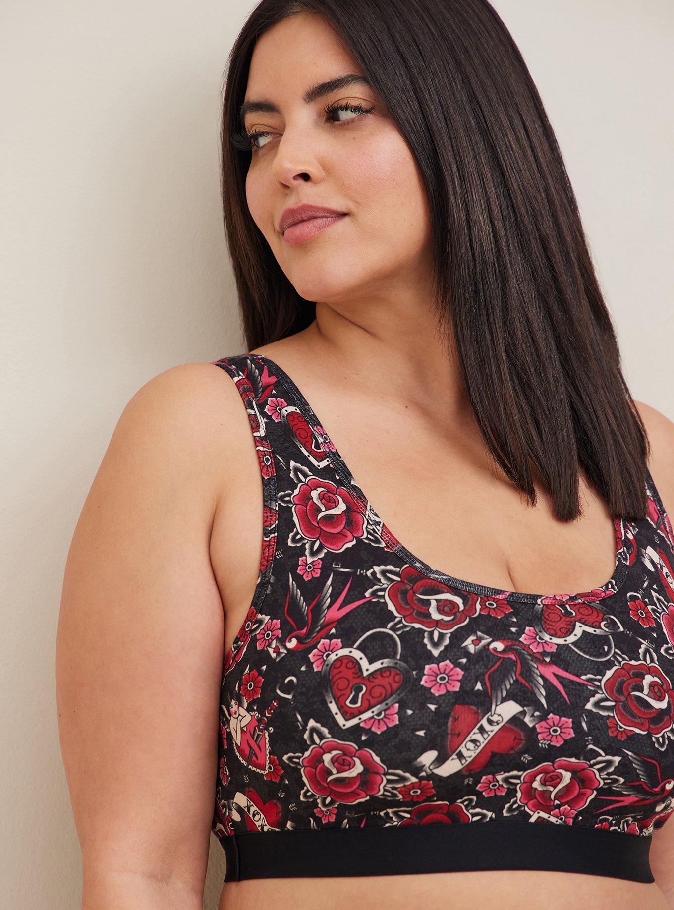 Unlined Cotton Scoop Bralette, TATTOO VALENTINE BLACK, hi-res