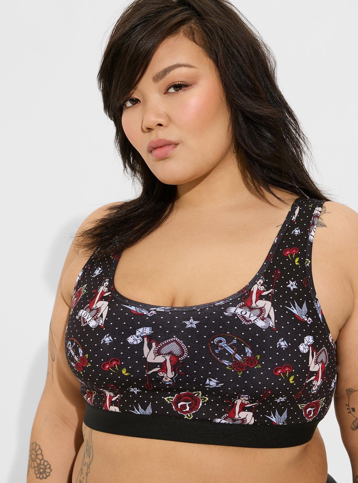 Plus Size Unlined Cotton Scoop Bralette, LOVERS TATTOO RICH BLACK, alternate