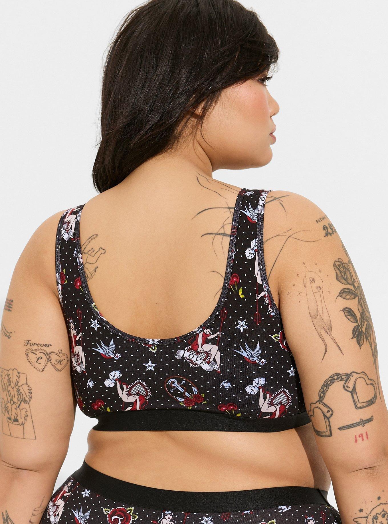 Plus Size Unlined Cotton Scoop Bralette, LOVERS TATTOO RICH BLACK, alternate