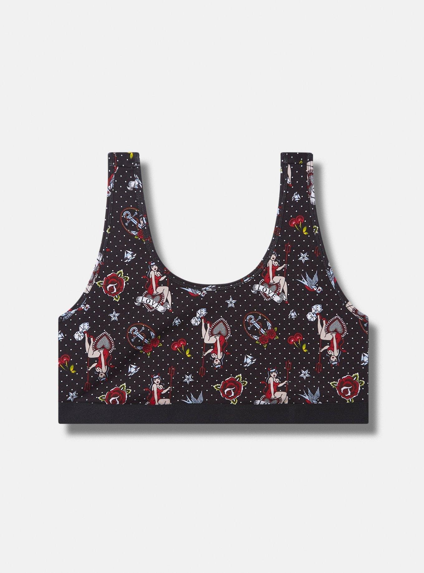 Plus Size Unlined Cotton Scoop Bralette, LOVERS TATTOO RICH BLACK, hi-res
