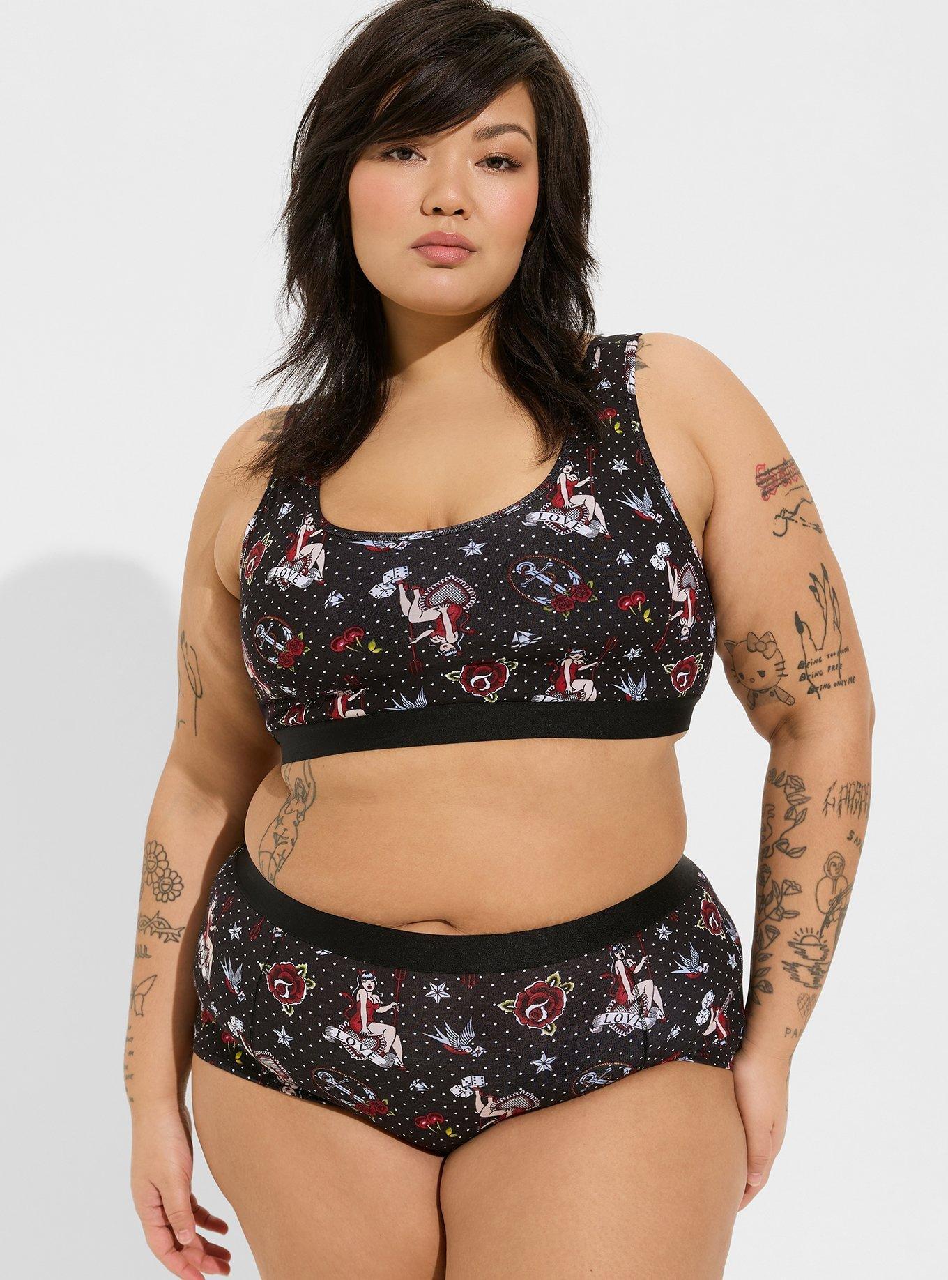 Plus Size Unlined Cotton Scoop Bralette, LOVERS TATTOO RICH BLACK, hi-res
