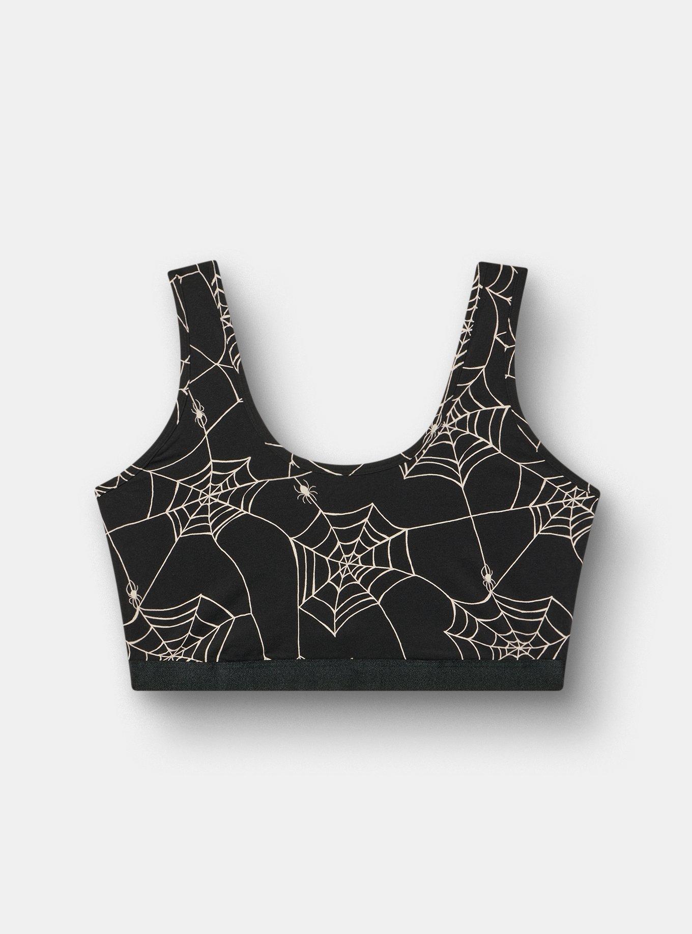 Plus Size Unlined Cotton Scoop Bralette, TUESDAY SPIDERS BLACK, flat